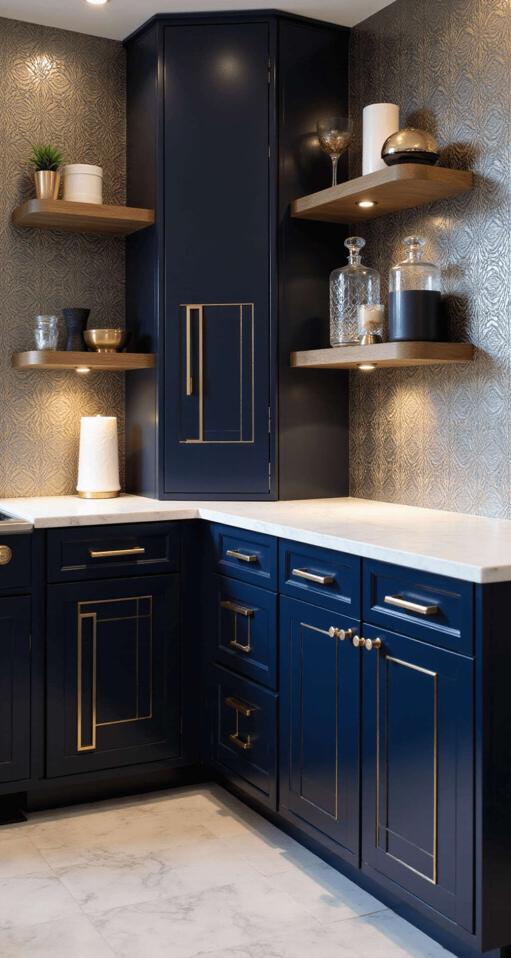 Art Deco-inspired kitchen featuring navy blue cabinets with gold inlay details, white marble countertops, and a metallic geometric backsplash. The space is illuminated by dramatic evening lighting and picture lights on floating shelves, styled with brass barware, black-and-gold accessories, and crystal decanters. The color palette includes midnight navy, bright gold, arctic white, and jet black, captured from a corner angle to highlight repetitive patterns.
