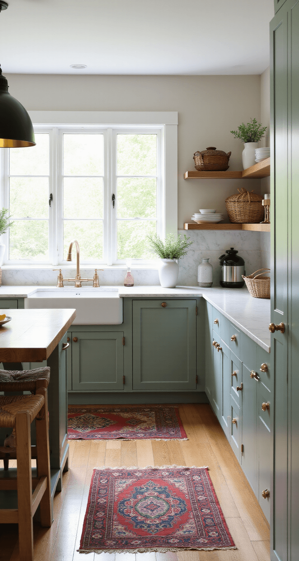 A bright, modern kitchen with sage green cabinets reaching a 9ft ceiling, featuring a farmhouse sink under a large window, Calacatta marble countertops, brass hardware, white oak floating shelves, and a butcher block island surrounded by rattan barstools, with a vintage Persian runner on the floor, all captured from a corner entrance highlighting natural light and textures.