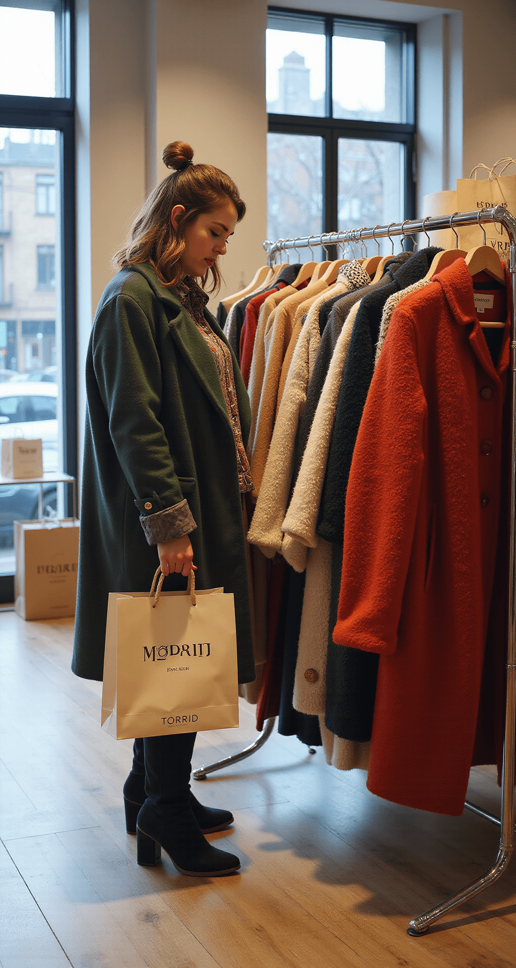 A plus-size model browses winter clothing racks in a modern boutique with natural light, showcasing colorful wool coats, vintage-inspired pieces from ModCloth, and luxury basics, with shopping bags from Torrid and ASOS Curve in view.