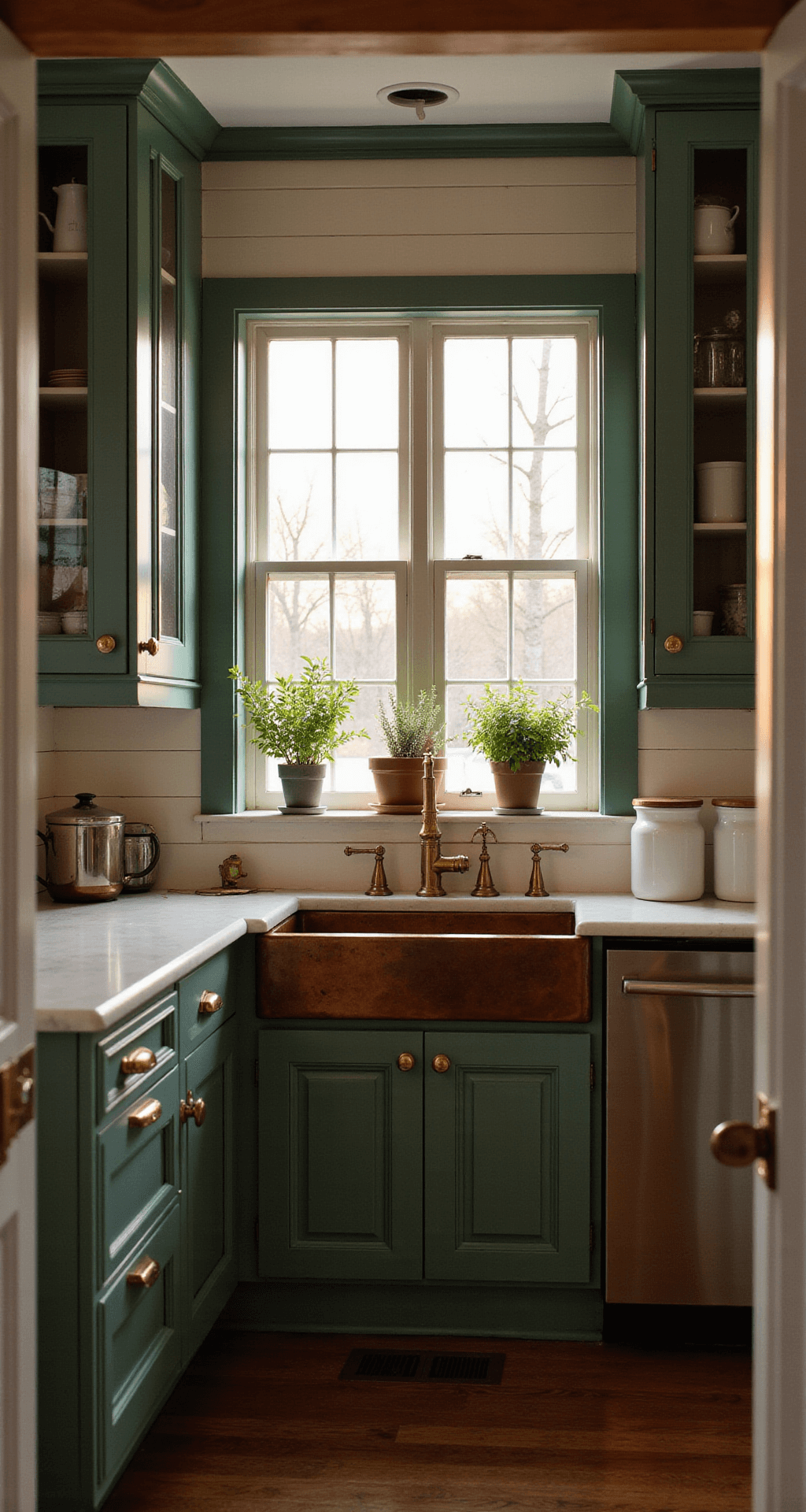 A cozy 10x12ft cottage kitchen featuring deep sage cabinets, cream shiplap walls, and a copper sink, bathed in warm golden hour light, with dramatic shadows and potted herbs on the windowsill.