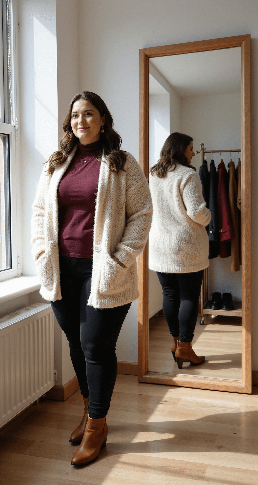 A plus-size model in a sunlit modern bedroom stands before a full-length mirror, wearing a burgundy turtleneck, a cream chunky knit cardigan, black fleece-lined leggings, and cognac leather boots, with organized winter coats in jewel tones on a rack and warm wood tones in the minimalist aesthetic.
