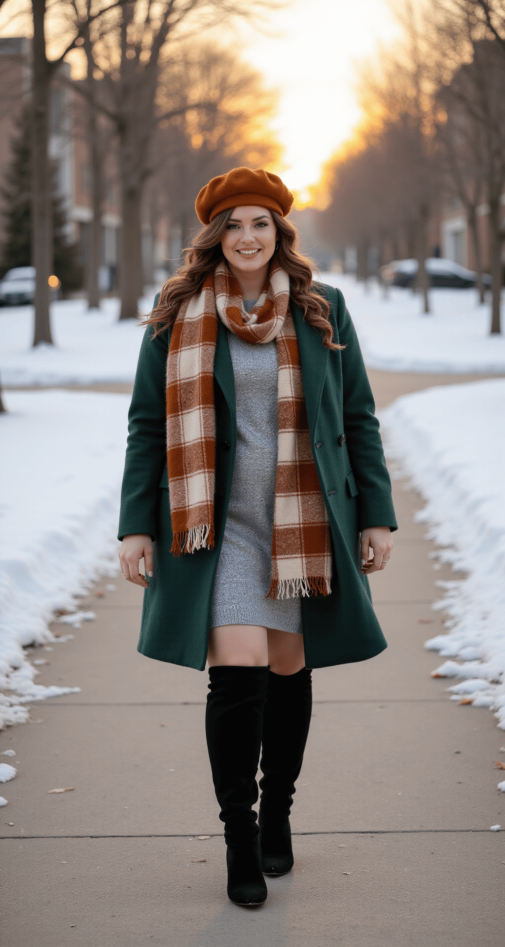 A plus-size model in a forest green wool-blend coat and metallic silver sweater dress stands in a snow-covered urban park during golden hour. She wears black over-the-knee boots and an oversized rust and cream plaid scarf, with loose waves of hair peeking out from a rust-colored beret. The warm, backlit sunlight envelops her in a golden glow, captured from street level.