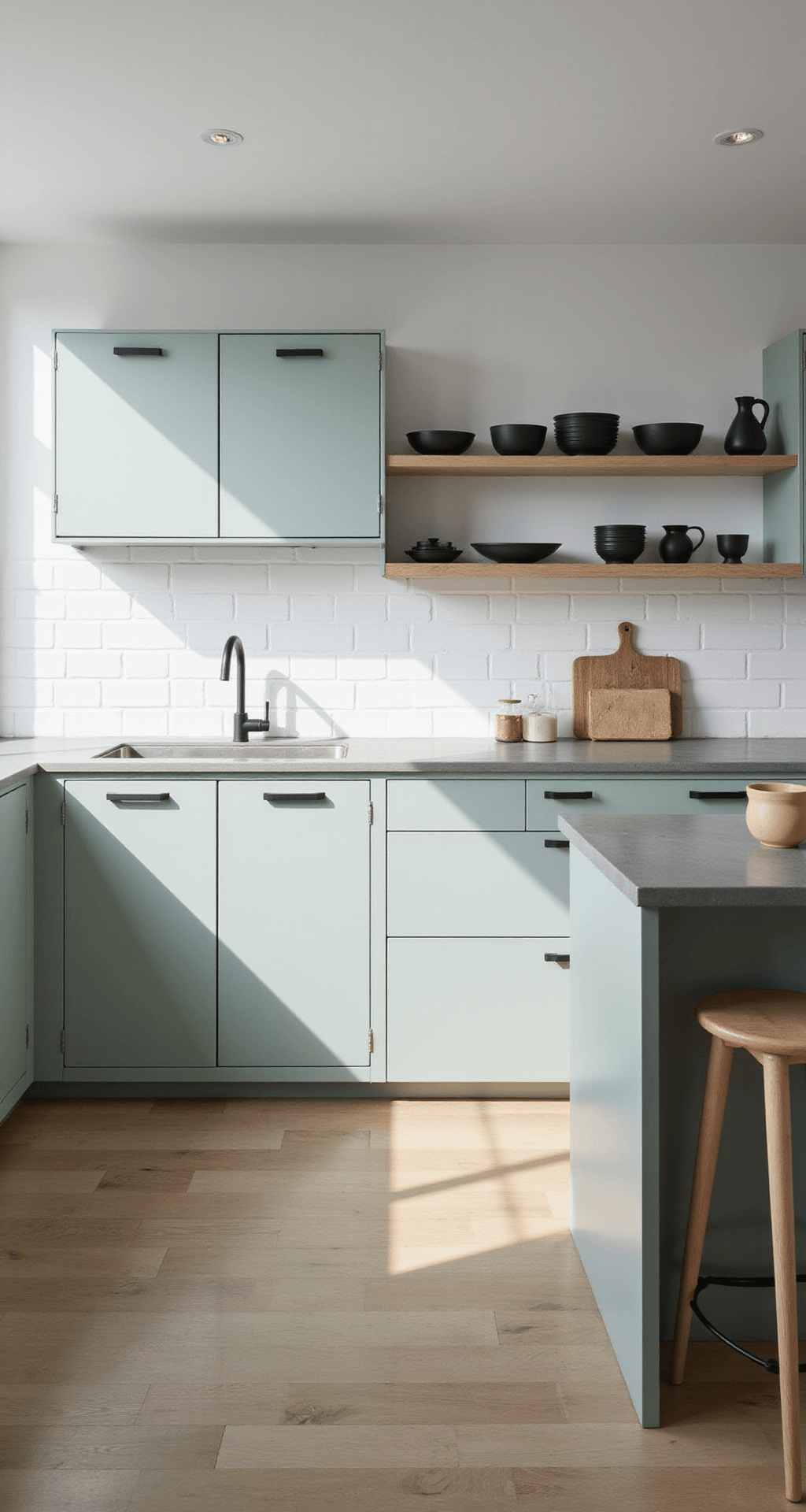 A minimalist Scandinavian kitchen featuring light sage cabinets, concrete countertops, and a white subway tile backsplash, captured from above with a central island showcasing waterfall edges, open shelving with monochromatic ceramics, and matte black hardware, all illuminated by diffused afternoon light.