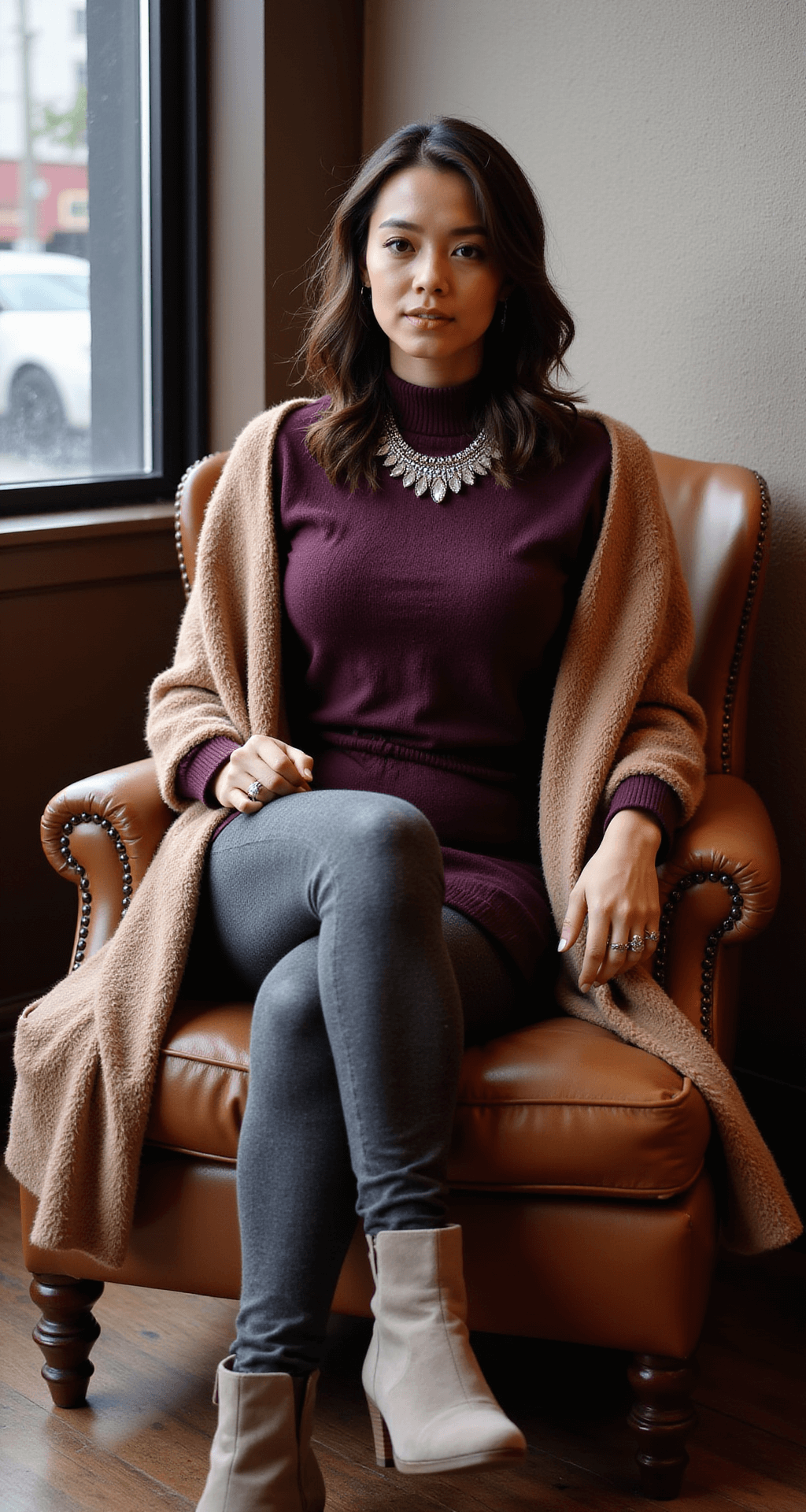A model in a plum sweater dress and charcoal leggings relaxes in a leather armchair at a cozy coffee shop, with warm afternoon light streaming through steamy windows. A camel duster cardigan, silver jewelry, and taupe ankle boots complete the look.