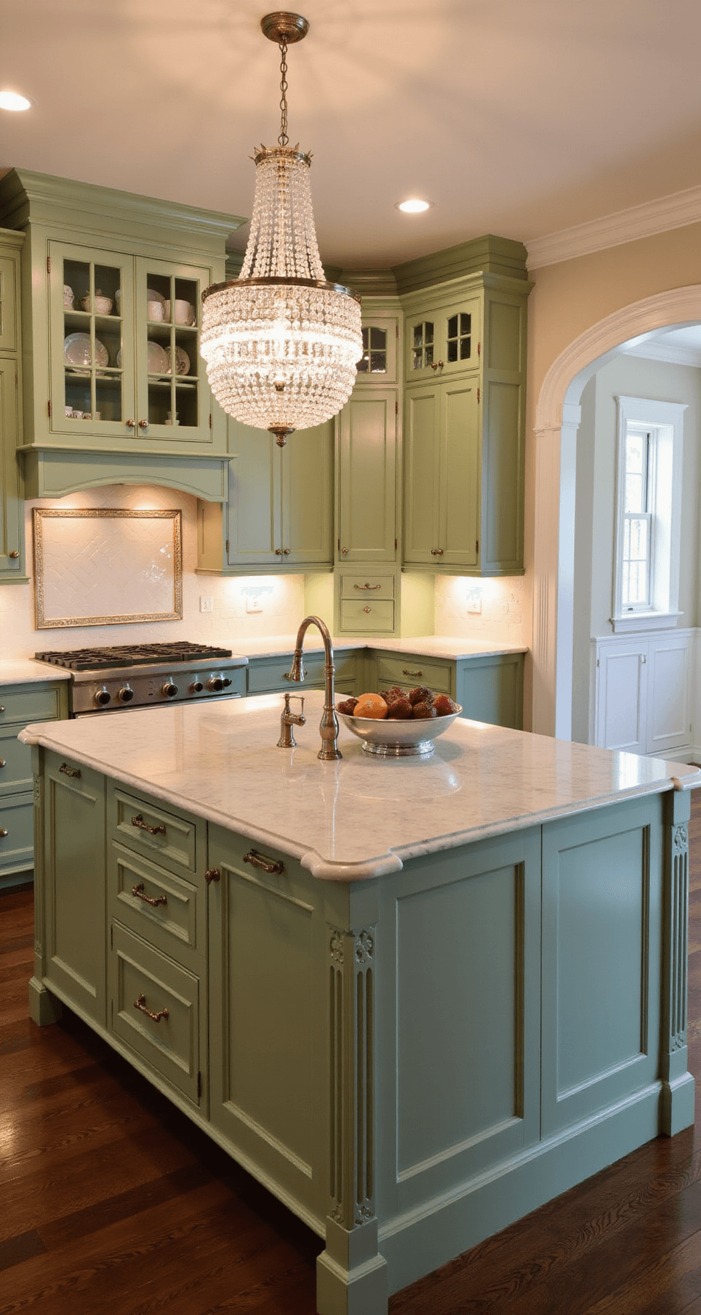 A traditional 11x13ft kitchen at twilight featuring sage green inset cabinets, ivory walls, and a crystal chandelier above a marble island, with glass-front upper cabinets showcasing heirloom china, polished nickel hardware, and elegant architectural details, creating an intimate atmosphere.