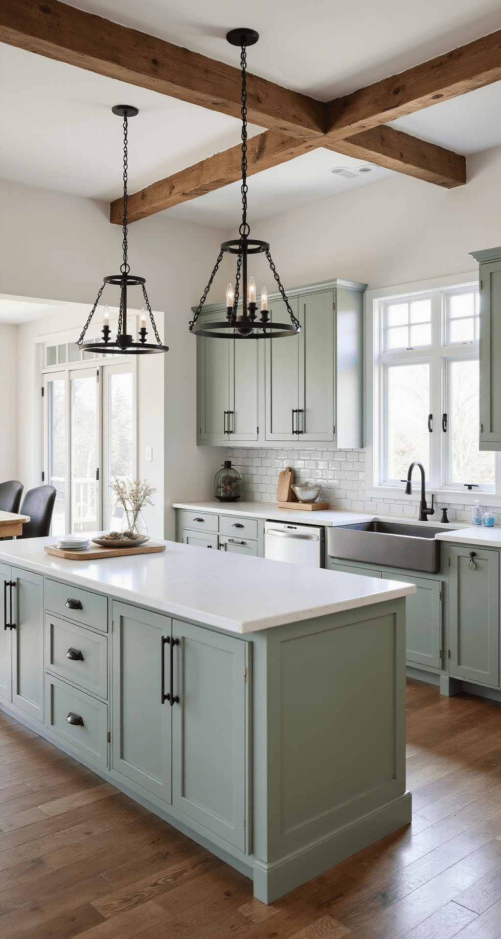 A bright and airy modern farmhouse kitchen featuring sage green shaker cabinets with black iron hardware, a massive island with a white quartz top, wrought iron pendant lights, exposed wooden beams, and a subway tile backsplash with dark grout, captured from the dining room entrance.