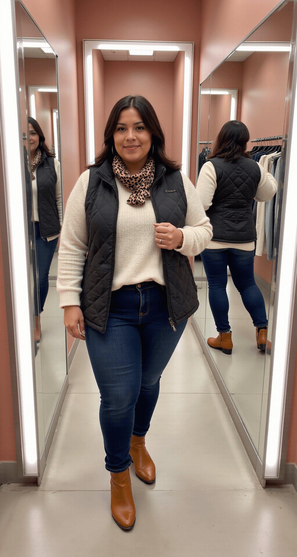 A plus-size model in a modern boutique dressing room with blush pink walls tries on a quilted black vest over a cream cable-knit sweater and dark wash high-waisted jeans, complemented by cognac leather ankle boots and a leopard print scarf, with multiple mirrors reflecting the outfit from different angles.