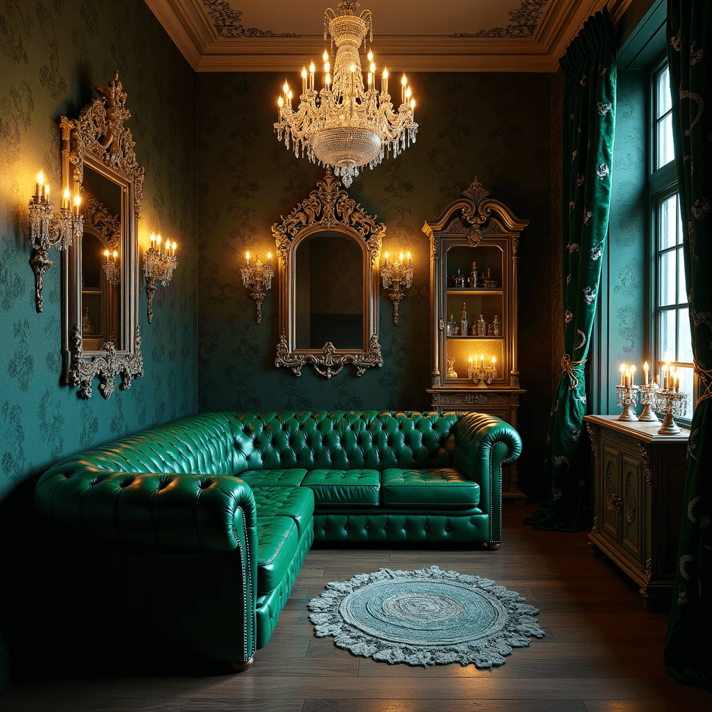 Interior of a Slytherin prefect's chamber at midnight, showcasing an emerald green tufted leather Chesterfield sofa against serpent-pattern wallpaper, illuminated by a crystal chandelier and reflective silver-framed mirrors, with vintage potions cabinet and black velvet curtains embroidered with silver serpents, captured from a corner angle to highlight dramatic lighting and moody atmosphere.