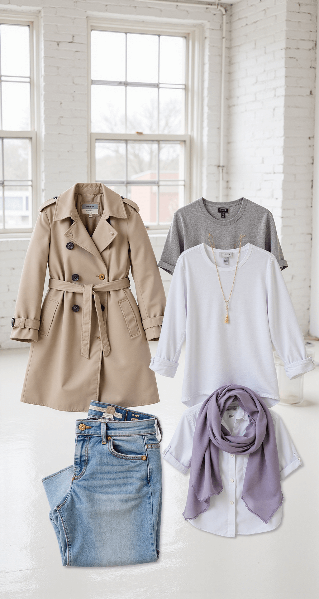 Flat lay of spring fashion essentials on a bright studio floor, showcasing a beige trench coat, light wash straight-leg jeans, neatly rolled neutral tees, and a crisp white button-down, complemented by minimal gold jewelry and a lavender silk scarf, all illuminated by soft natural light.