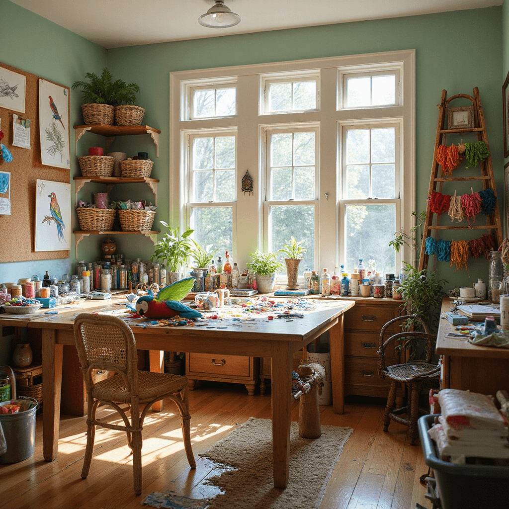 A sunlit craft room featuring a wooden worktable cluttered with colorful supplies, mint green walls adorned with tropical bird sketches, a rattan chair holding a parrot craft, shelves of woven baskets, and a vintage ladder displaying vibrant finished crafts.