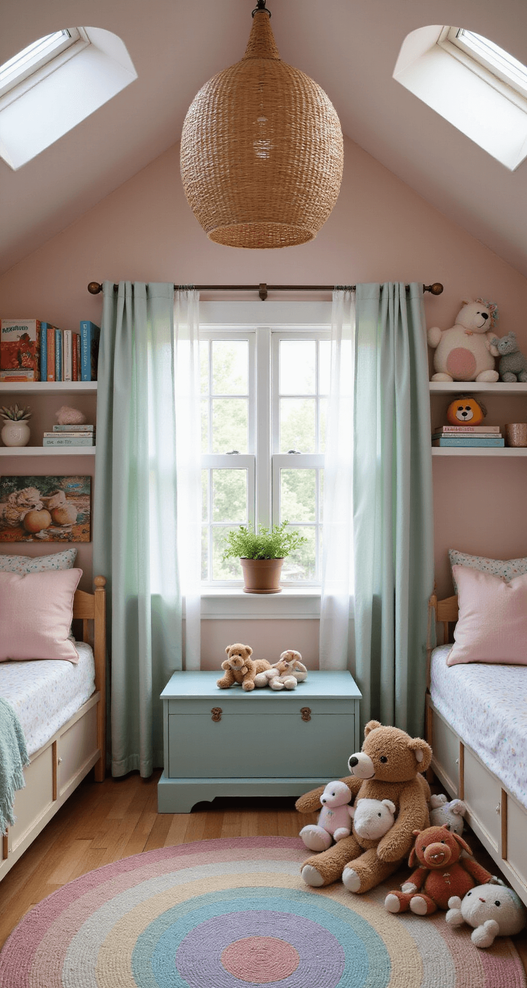 A whimsical children's playhouse interior featuring a pitched roof and round windows, adorned with sheer star-patterned curtains. The cozy space includes a built-in reading nook with pastel cushions, floating bookshelves filled with vintage storybooks, and a handwoven rainbow rug. A duck-egg blue wooden toy chest holds artfully arranged stuffed animals, illuminated by a rattan pendant light casting gentle patterns, all in soft pink, mint green, lavender, and cream hues.