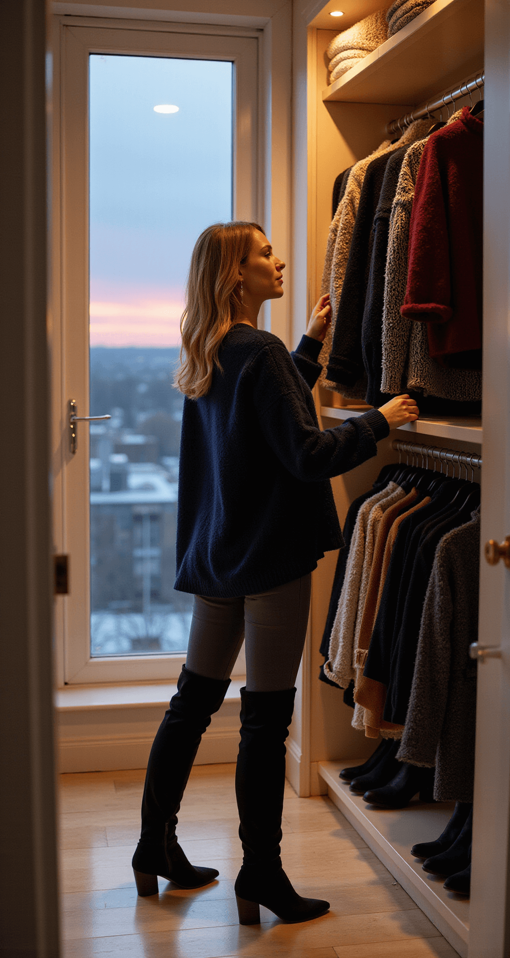 A model in a navy tunic sweater and dark grey leggings arranges a winter capsule wardrobe in a luxury penthouse closet at sunset, showcasing jewel tones and neutrals. The open closet features coordinated thermal tops, chunky knits, and statement coats, with dramatic silhouettes enhanced by soft backlight from floor-to-ceiling windows.