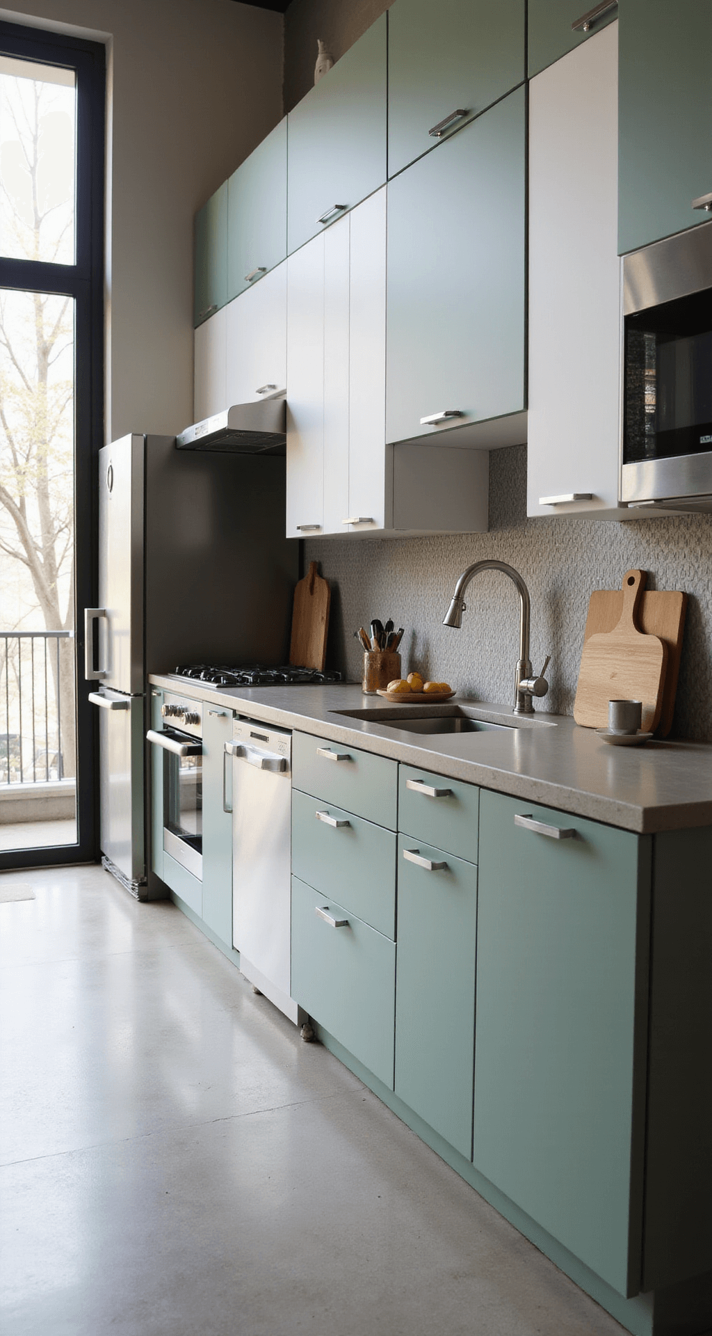 Contemporary kitchen featuring two-tone sage green and white cabinets, stainless steel appliances, and concrete counters, with floor-to-ceiling windows and a geometric tile backsplash, shot from the sliding door entrance.