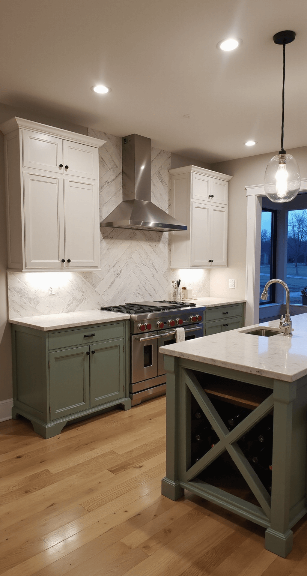 Transitional kitchen featuring sage green base cabinets and white upper cabinets, illuminated by ambient lighting at dusk. The marble herringbone backsplash extends to the ceiling, complemented by glass globe pendants above the quartzite island. Built-in wine storage with X mullions is visible, all captured from the family room entrance.