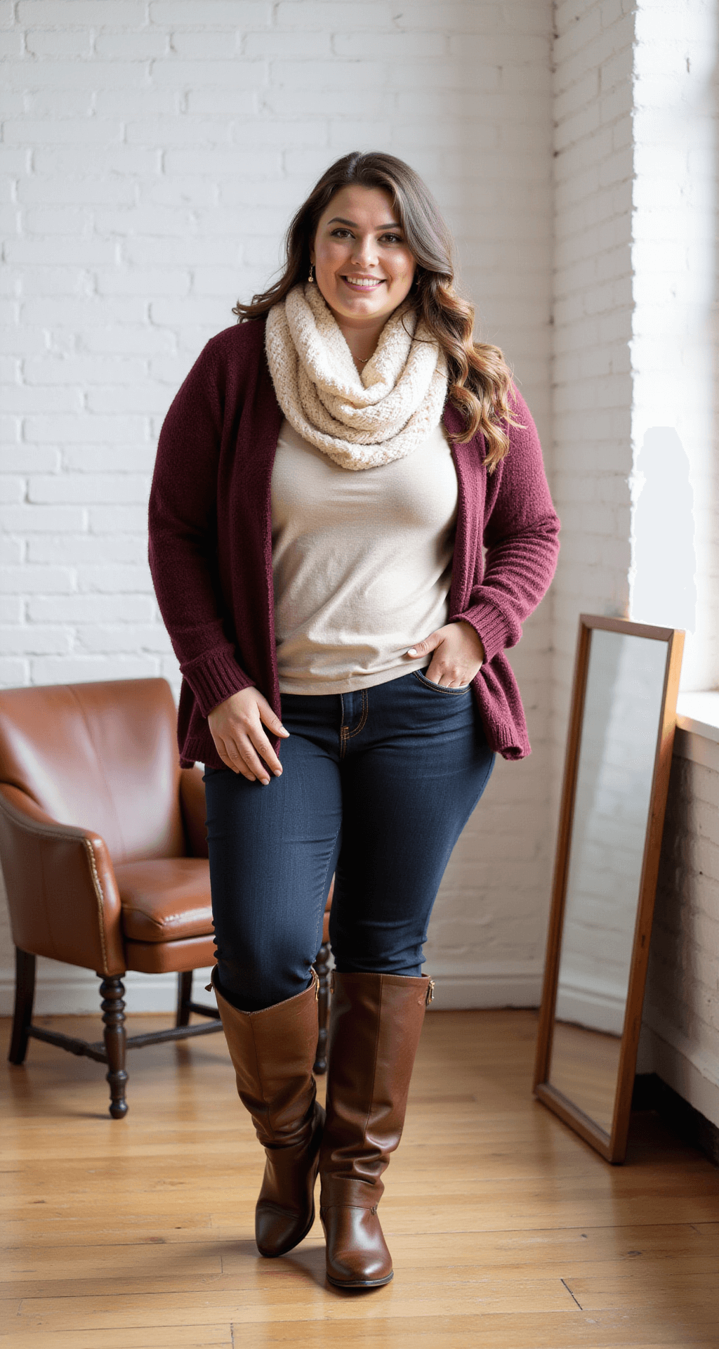 A plus-size model showcases smart layering in a bright studio with white brick walls, wearing a fitted nude thermal top under a slouchy maroon sweater, dark skinny jeans, and brown leather knee-high boots, complemented by a cream chunky knit scarf. The setting features a vintage leather armchair and a copper floor mirror, captured from multiple angles.
