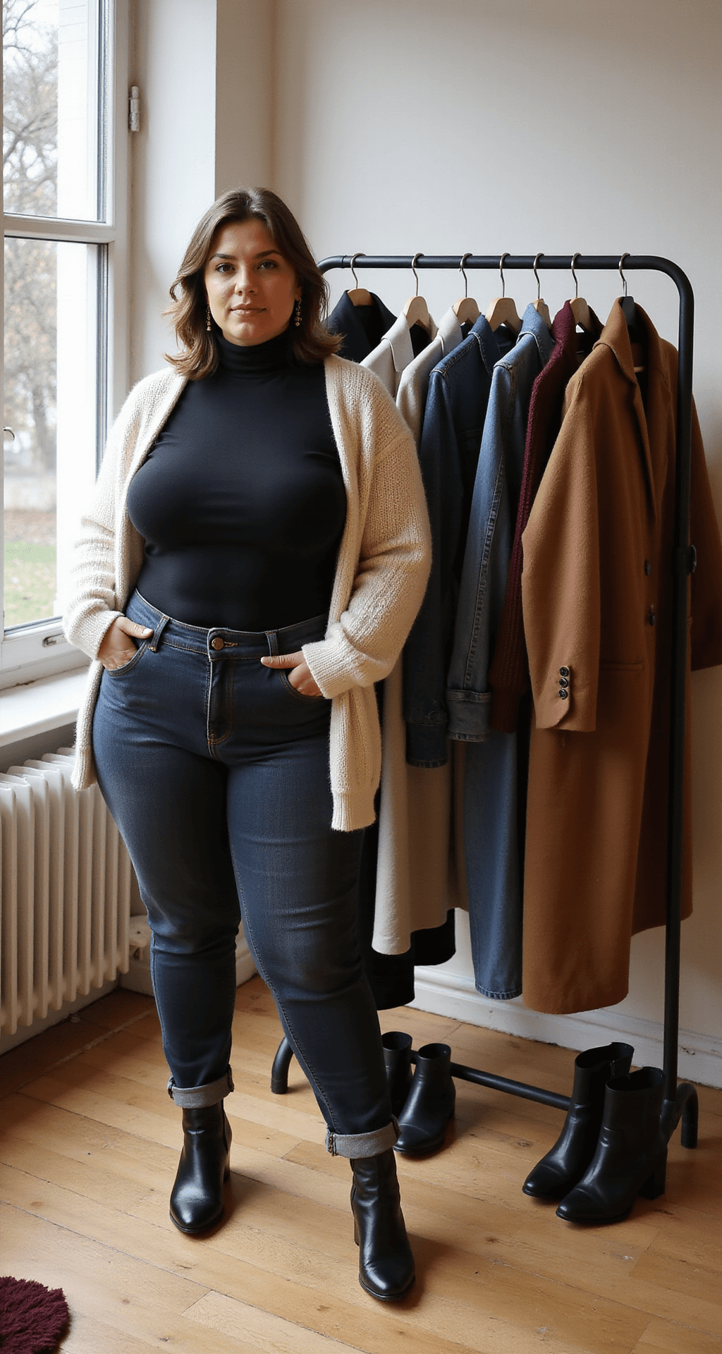 A plus-size model in a fitted black turtleneck and chunky cream cardigan styles her winter wardrobe on a minimalist clothing rack in a sunlit home studio, featuring textures of wool and denim, with a camel coat, burgundy sweater, and black leather boots arranged nearby, all captured with a soft bokeh effect.