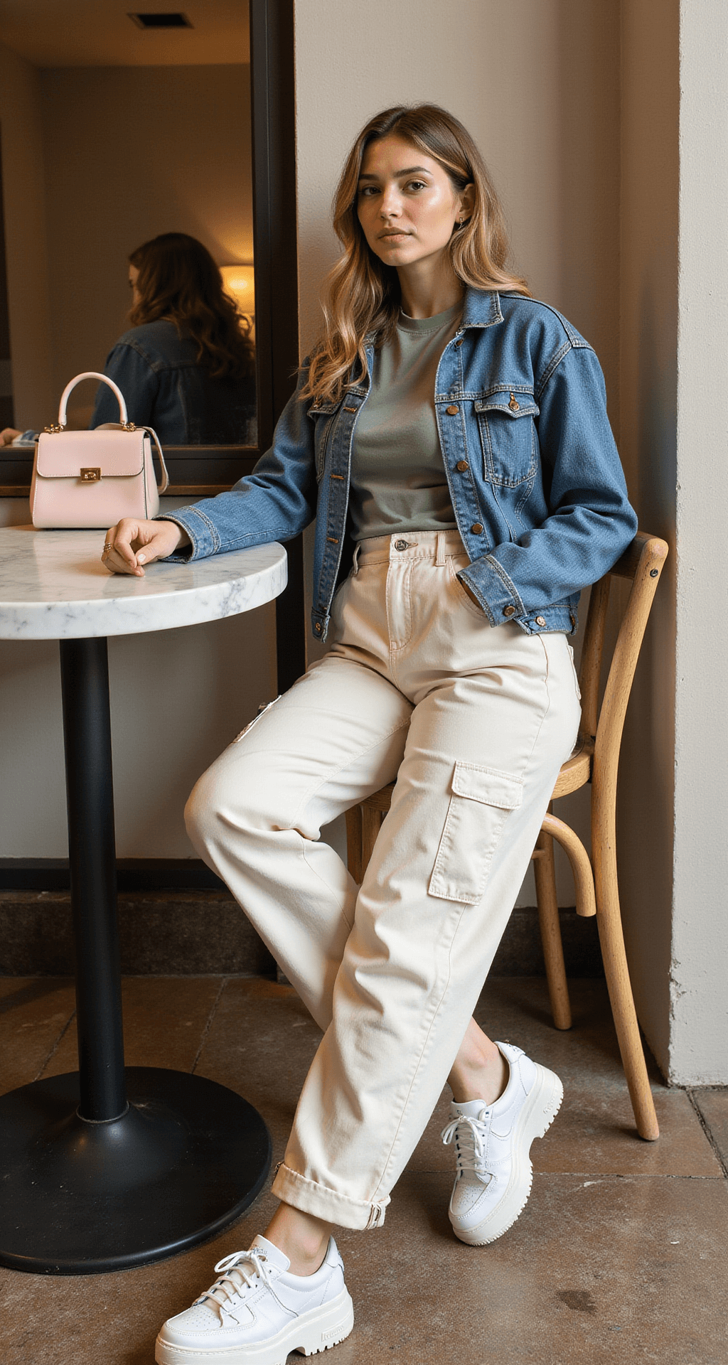 A stylish café corner with a model sitting at a marble table during lunch hour, dressed in cream high-waisted cargo pants, a tucked-in sage green tee, and an oversized denim jacket, with platform sneakers visible under the table and a pastel pink handbag on the chair, as warm sunlight casts dimensional shadows.