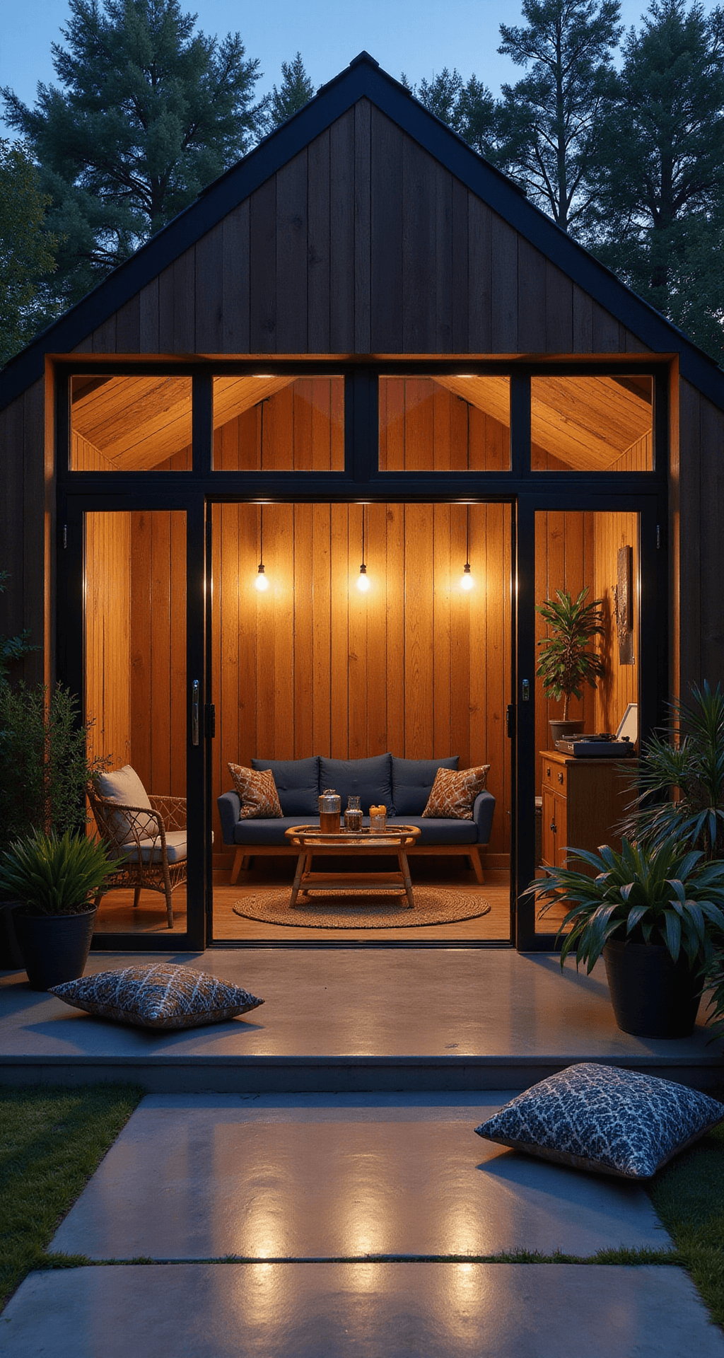 Dusk-lit modern summer house featuring bi-fold doors open to a garden, with a charred timber exterior and cozy interior illuminated by Edison bulbs and copper lanterns. The space includes a central oversized rattan sofa with indigo cushions, a bamboo bar cart, and a vintage vinyl record player. Polished concrete floors enhance the warm ambiance, complemented by Moroccan poufs and tropical plants, creating an inviting indoor-outdoor entertaining area.