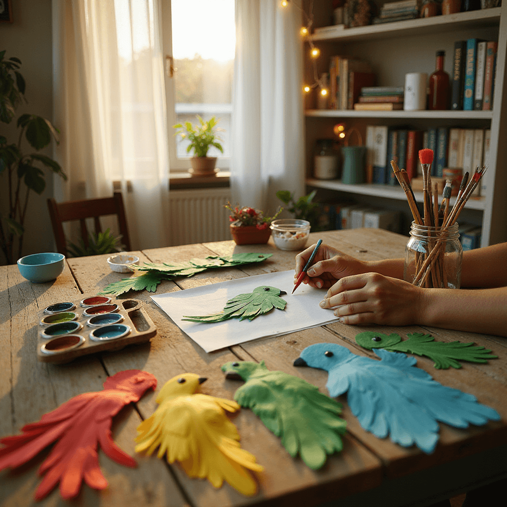 Close-up of hands crafting a parrot at a rustic wooden table adorned with vibrant feathers, cut paper, and paint pots, illuminated by warm afternoon light filtering through sheer curtains. A vintage mason jar holds paintbrushes, with a white bookshelf and craft books blurred in the background, while fairy lights add a magical ambiance.