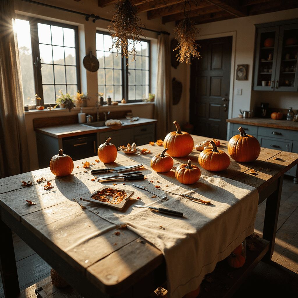 A rustic farmhouse kitchen workspace for pumpkin carving, featuring a wooden island with neatly arranged carving tools, various sized pumpkins, warm lighting, and autumn decor, shot from an elevated angle.