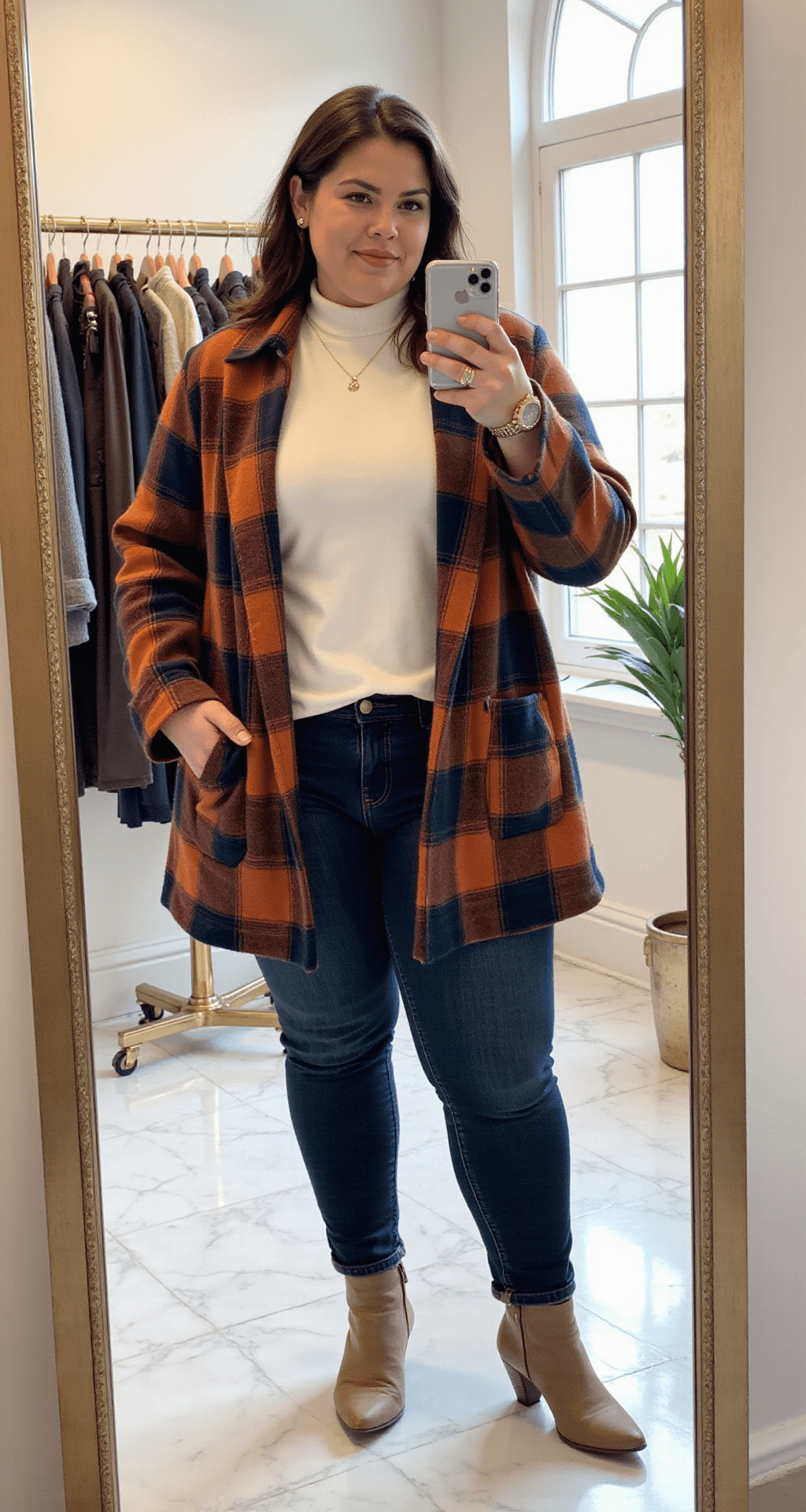 A plus-size woman trying on a rust and navy plaid shacket over a cream mock-neck top in a bright boutique dressing room with marble floors, showcasing her outfit in the mirror reflection, paired with dark skinny jeans and ankle boots.