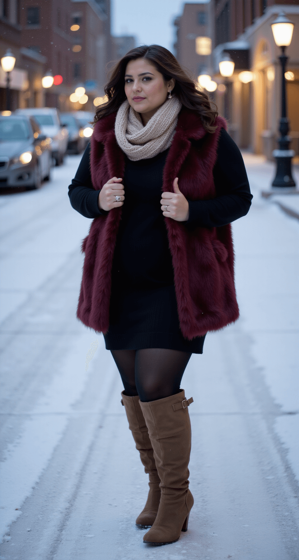 A plus-size model in a burgundy faux fur vest over a black sweater dress walks through a snowy urban scene at dusk, with twinkling city lights in the background. She wears opaque tights and over-the-knee suede boots, complemented by a chunky oatmeal knit infinity scarf. The image captures her in motion, showcasing the outfit's flow and balanced proportions with a subtle motion blur.