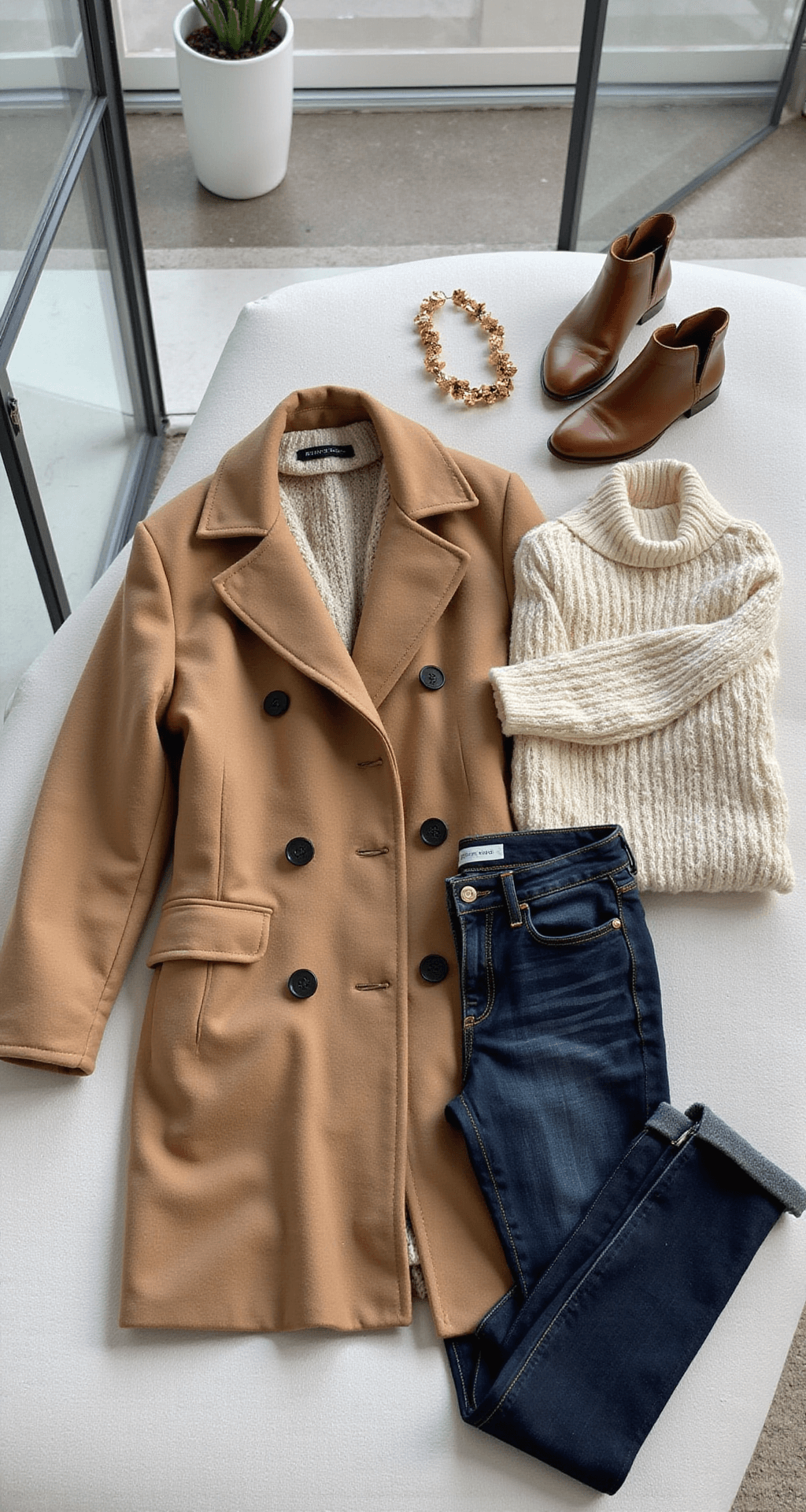 A modern living room with floor-to-ceiling windows showcases a flat lay of plus-size fashion, featuring a luxurious camel coat at the center, surrounded by a chunky cream sweater, dark wash jeans, cognac leather boots, and gold accessories, all arranged with attention to textures and proportions, illuminated by soft natural light.