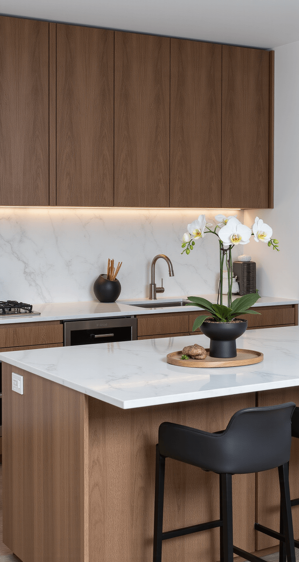 Luxe contemporary kitchen with walnut cabinets, white marble backsplash, and elegant black accessories, showcasing vertical lines and indirect lighting.