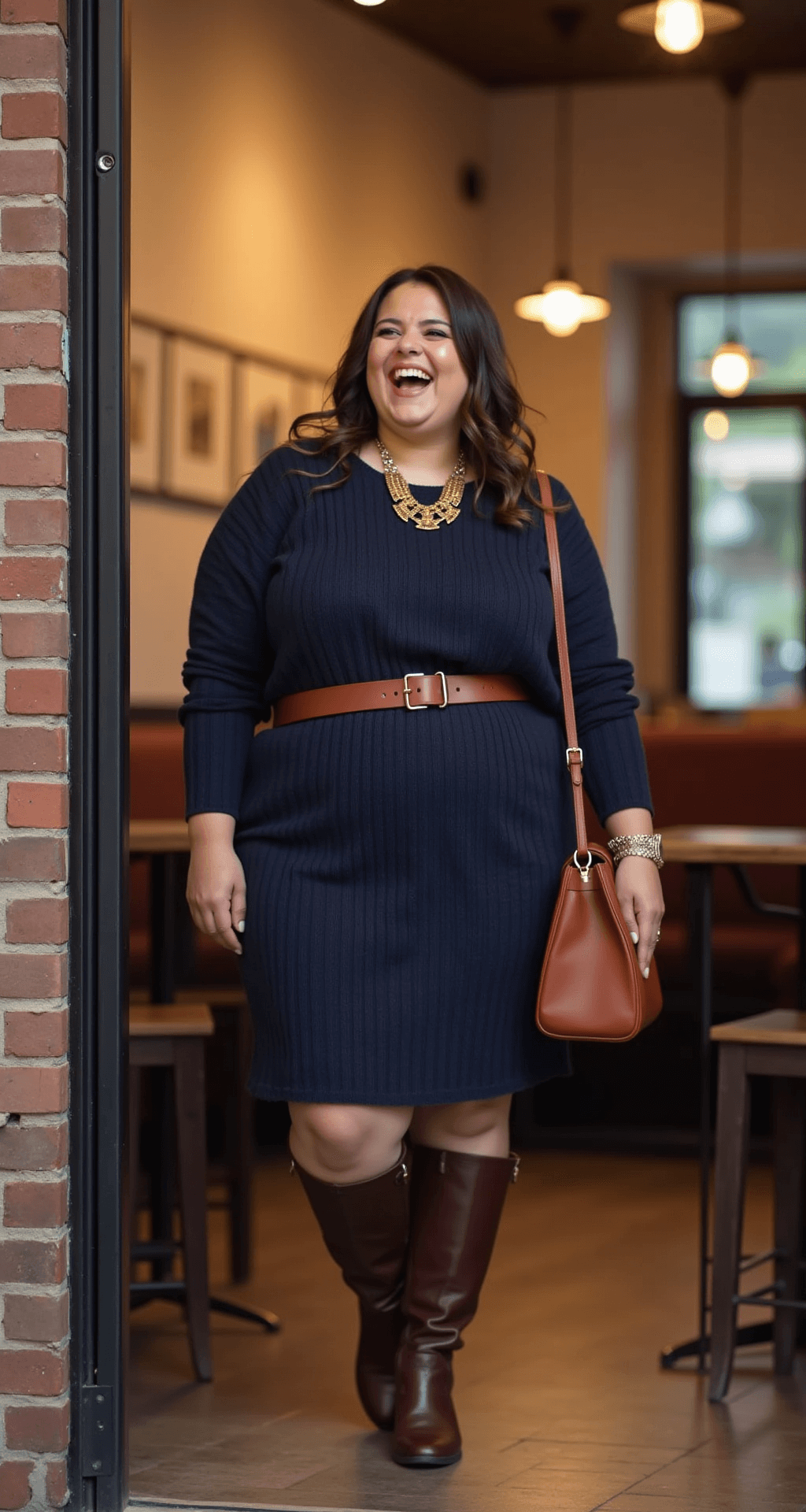 A plus-size model laughs in a cozy coffee shop corner, wearing a navy oversized sweater dress belted in brown, paired with tall brown boots and a statement gold necklace, set against an exposed brick background with warm pendant lighting.