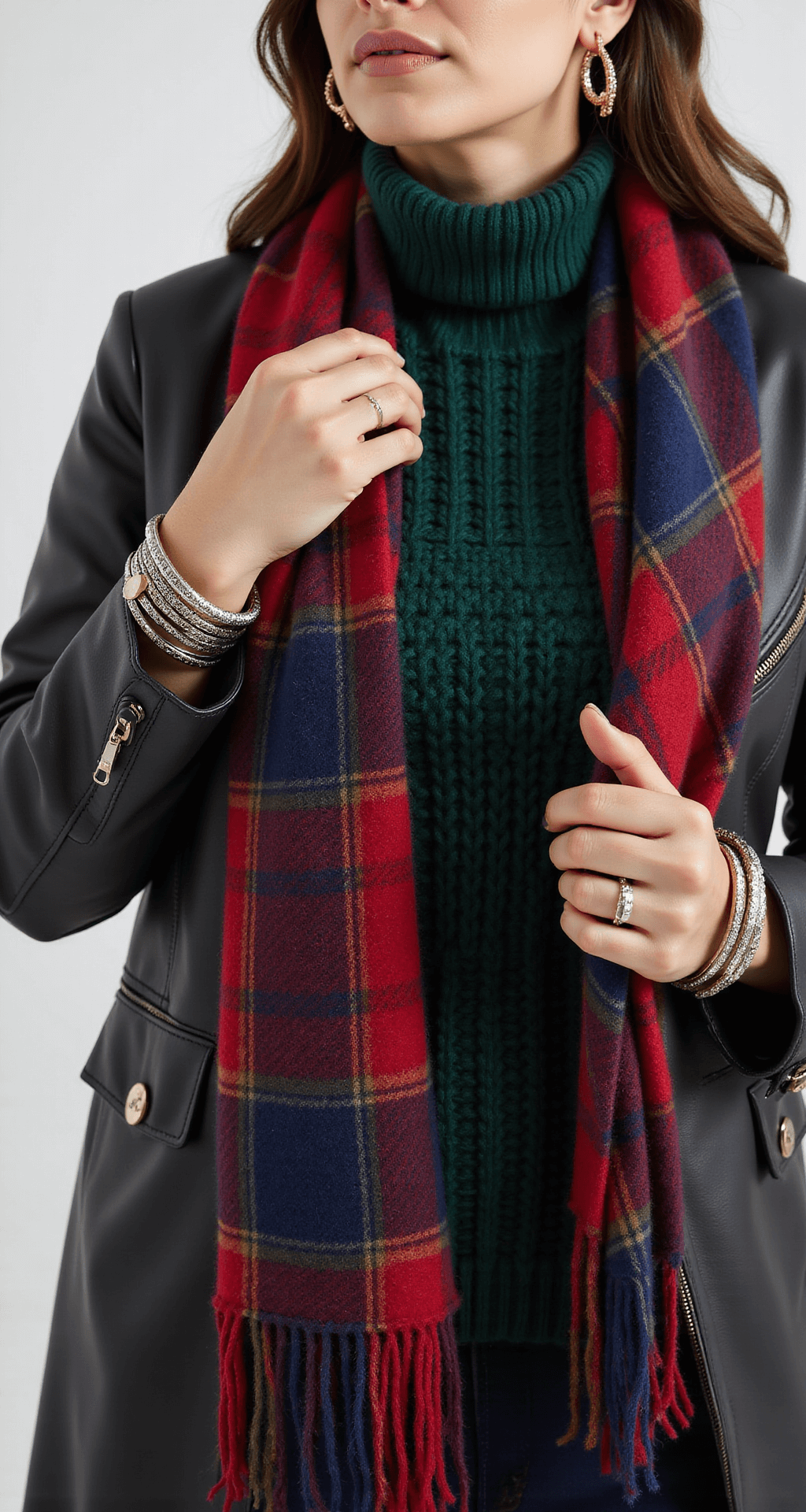 Close-up of a plus-size model in a forest green chunky knit turtleneck layered with a black leather jacket and a deep red and blue plaid blanket scarf, showcasing luxurious winter textures. Jewelry includes mixed metal bangles and hoop earrings, with rich fabric textures captured in sharp focus against a softly blurred background.