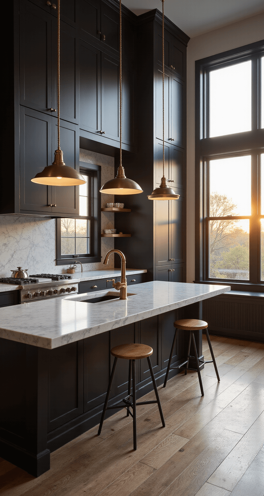 A spacious kitchen with 10ft ceilings, featuring black shaker cabinets, white marble countertops, and an 8ft island, illuminated by warm golden hour sunlight through west-facing windows, showcasing dramatic shadows and a moody atmosphere.
