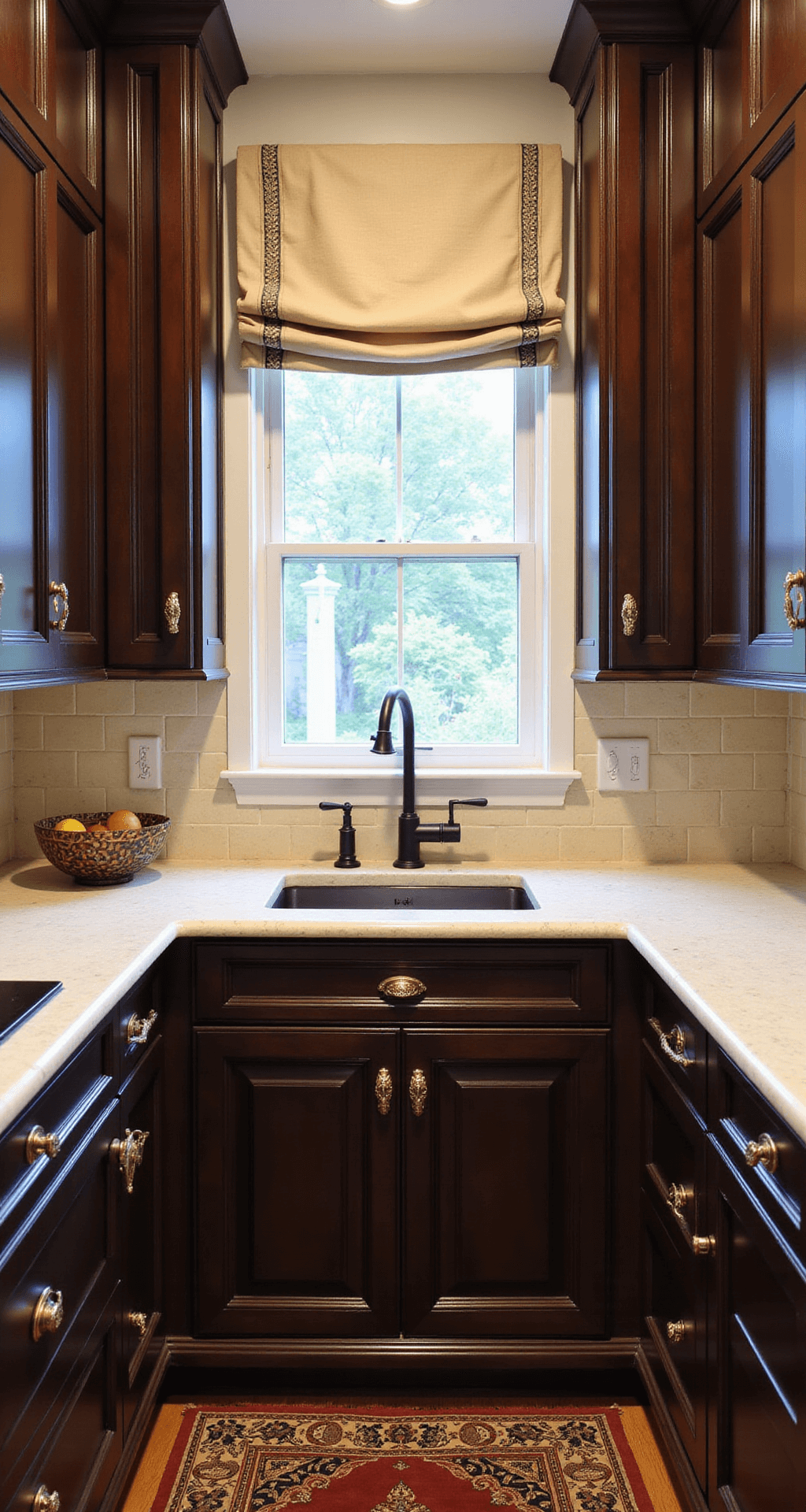 Intimate galley kitchen featuring rich espresso-stained cabinets with beaded inset details, illuminated by morning light through sheer roman shades. Champagne bronze handles and crystal knobs accent creamy quartzite counters, while a zellige tile backsplash adds texture. A vintage runner in burgundy and navy tones anchors the space, with a symmetrical composition showcasing the cabinet runs.
