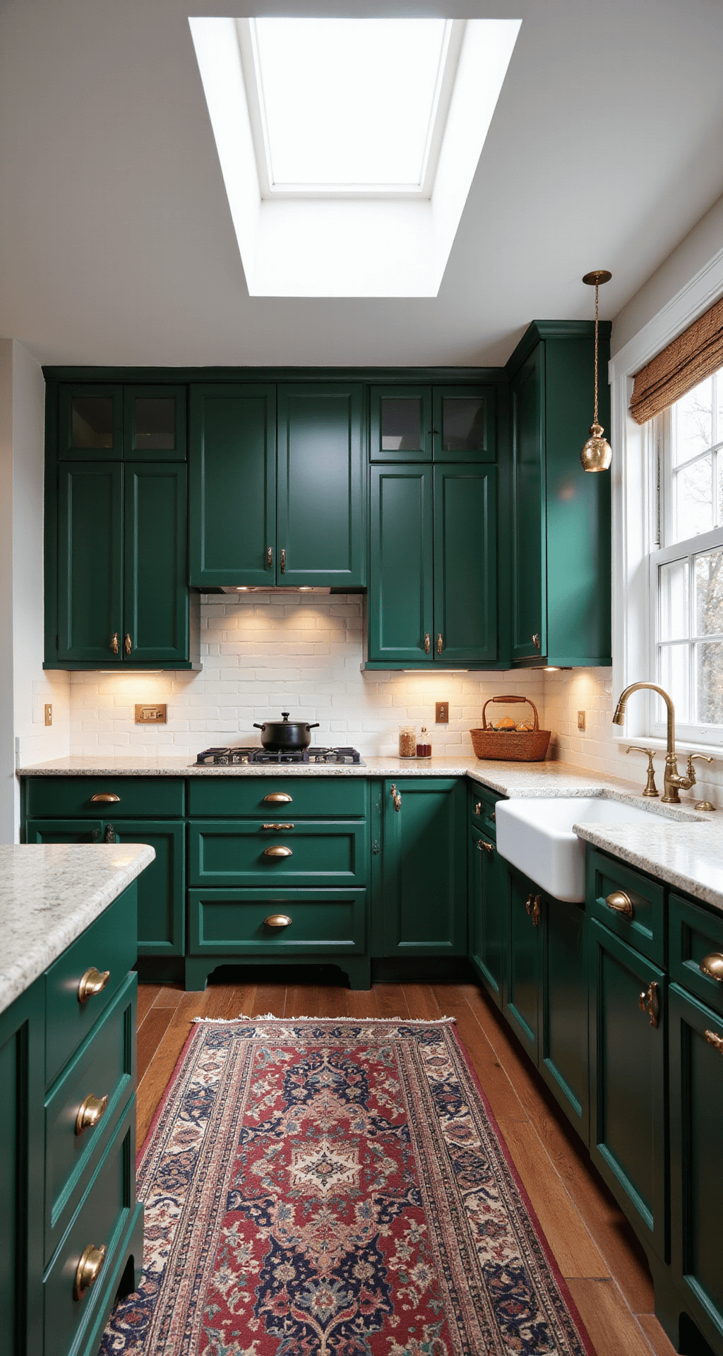 L-shaped kitchen featuring forest green raised panel cabinets, a skylight illuminating unlacquered brass hardware, soapstone countertops, white subway tile backsplash, and a vintage Persian rug, captured from a corner angle for depth.