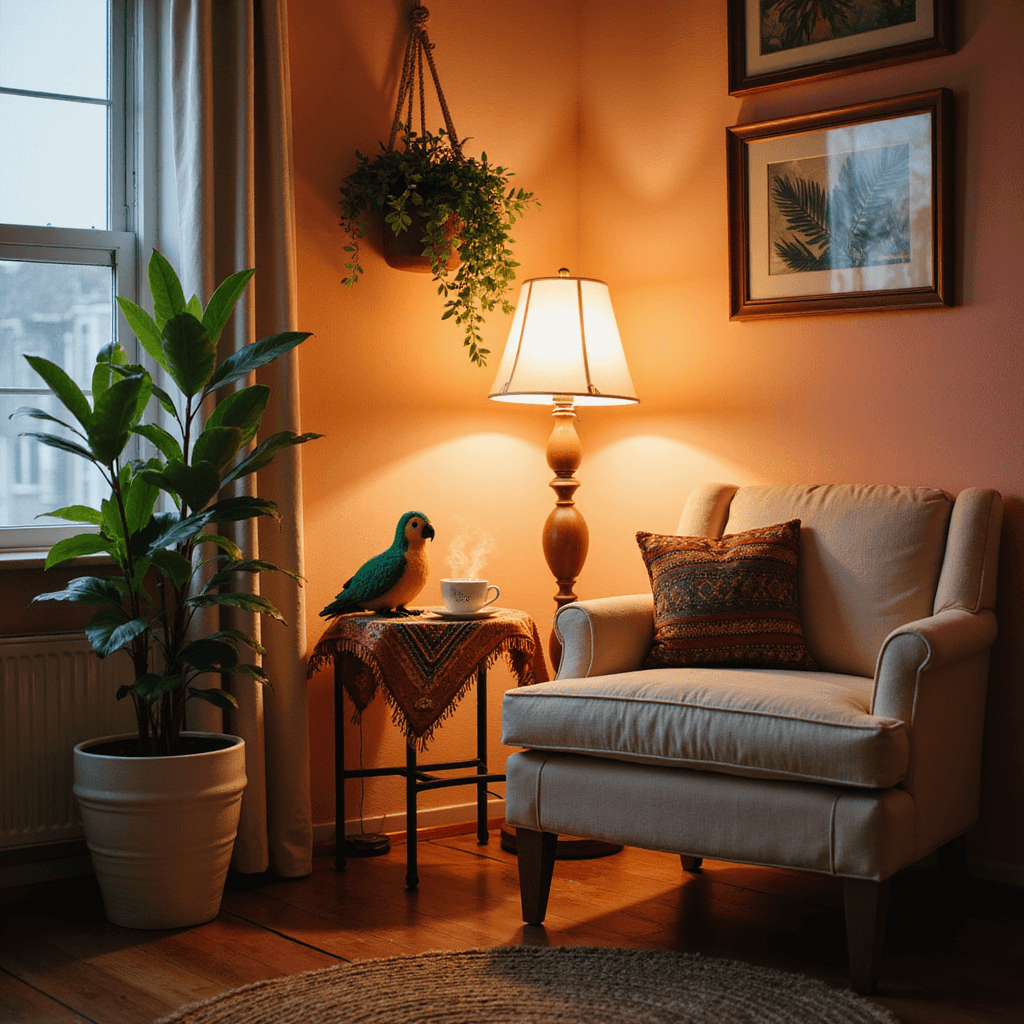 Cozy crafting nook in a living room corner with a plush cream armchair, colorful side table, nearly complete parrot craft, and steaming cup of tea, surrounded by warm, intimate lighting and decorated with tropical leaf prints and a lush fern.