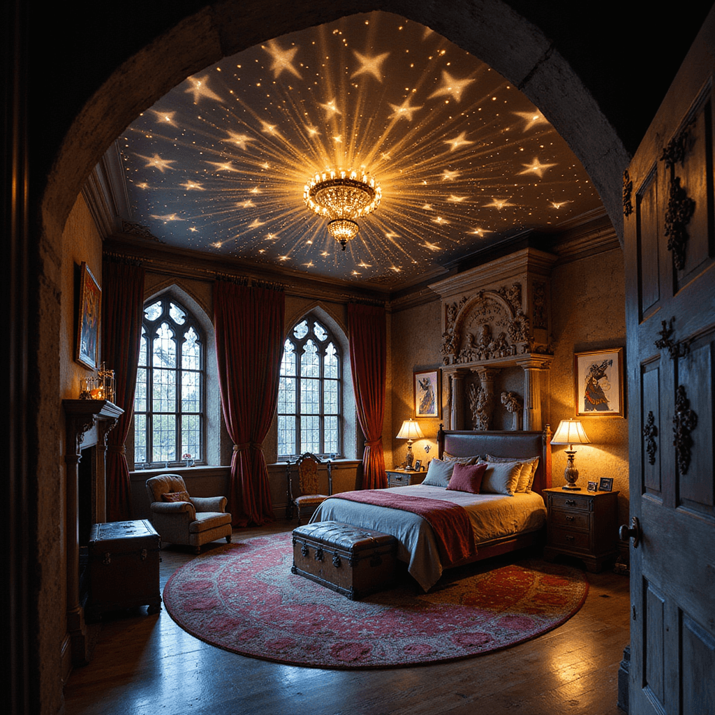 A twilight Great Hall-inspired bedroom featuring a projected starry ceiling, Gothic-arched stained glass windows, a carved stone fireplace with magical creatures, a four-poster bed draped in house banners, ancient trunks, and leather chairs, all illuminated by dramatic uplighting and candle glow.