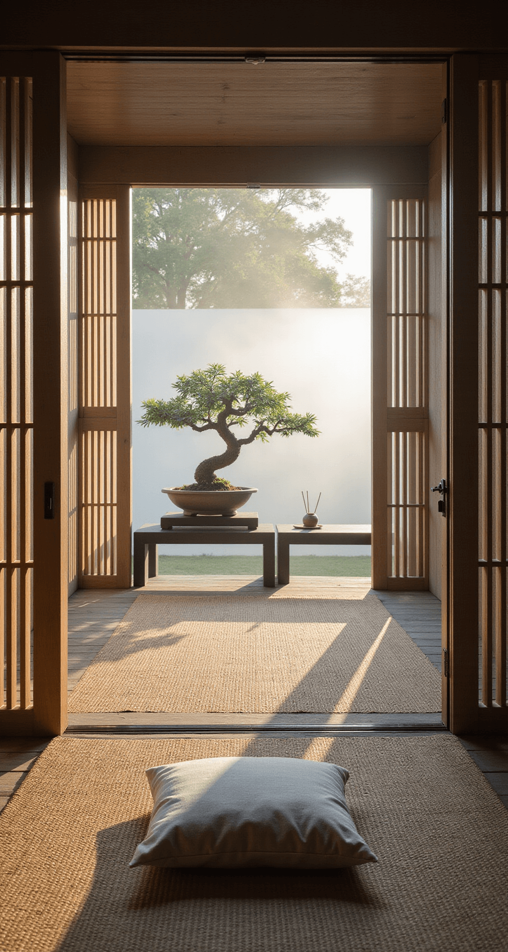 Minimalist summer house at dawn, featuring a 10x10ft cube structure with Japanese sliding screens, morning light casting shadows, a central platform with tatami mats and a large linen cushion, bonsai on a floating shelf, and an incense holder, all set against a garden mist with a low camera angle highlighting zen simplicity.