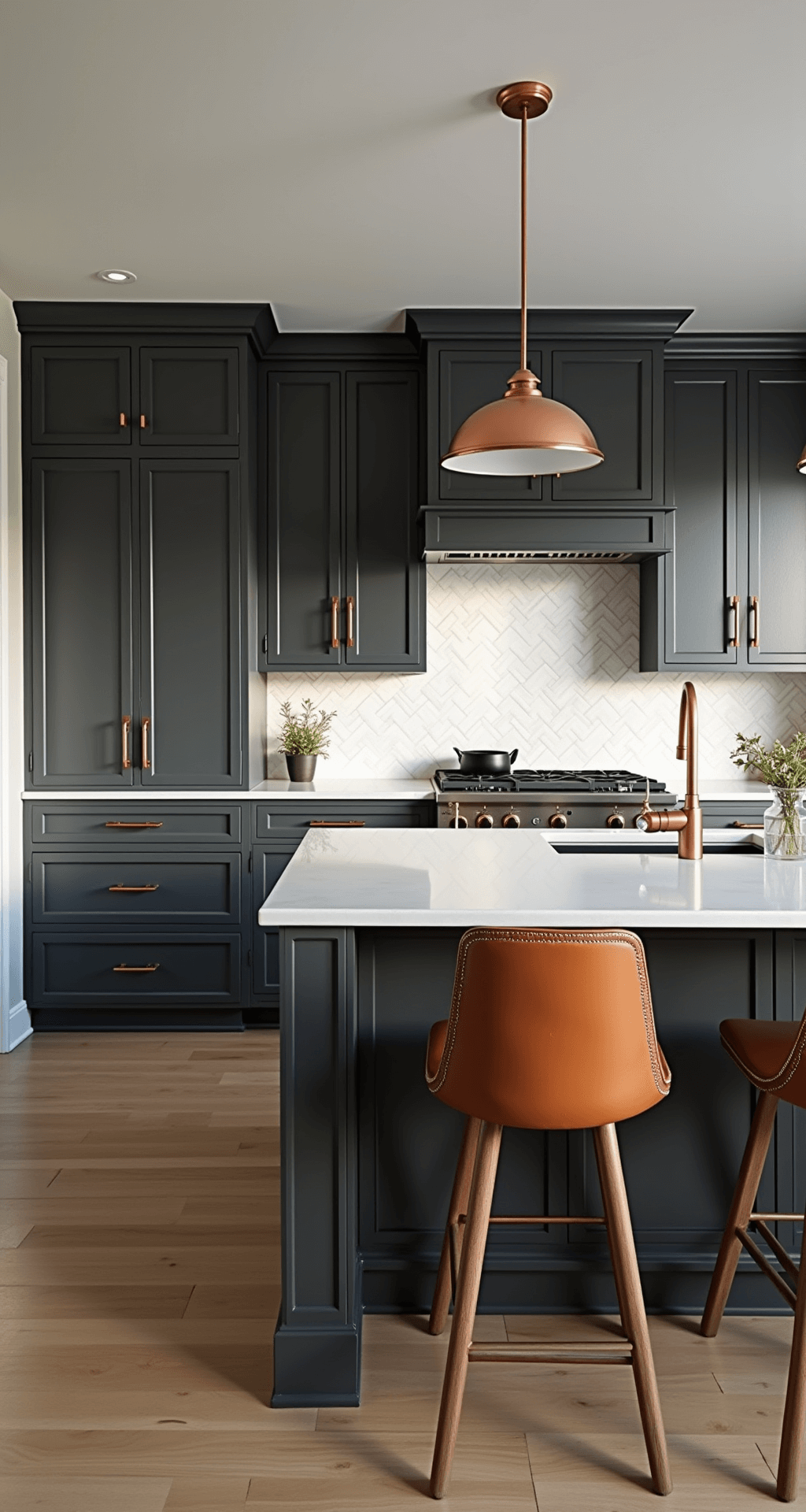 Modern farmhouse kitchen featuring charcoal gray Shaker cabinets, a white oak island with leather barstools, and a marble herringbone backsplash. Dramatic early morning light casts shadows, highlighting copper pendant lights and hardware against dark cabinetry, with an emphasis on the 9ft tray ceiling.