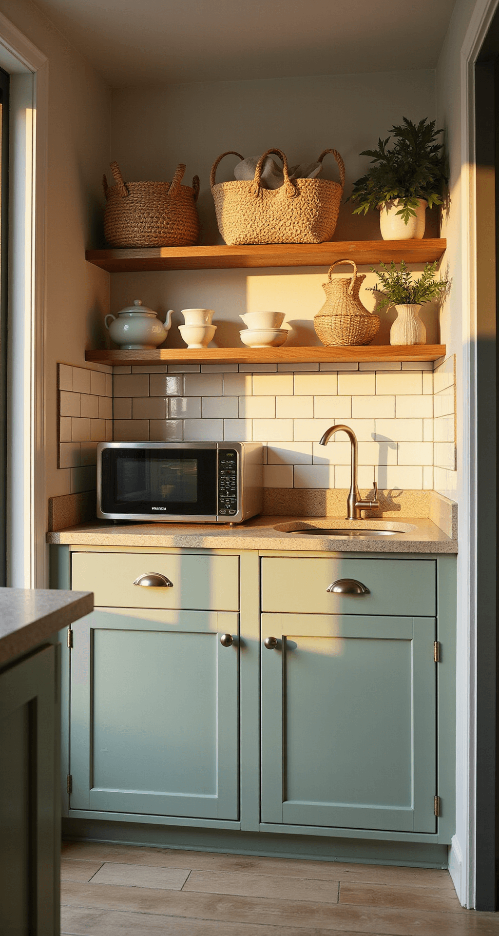 Modular Kitchen Cabinets: Your Ultimate Guide to Flexible, Stylish Storage A cozy 8x10ft galley kitchen bathed in golden hour light, featuring budget-friendly IKEA modular cabinets in sage green, a subway tile backsplash, compact fingerprint-resistant steel appliances, and artisanal pottery on open shelving, accented by woven baskets and linen tea towels.