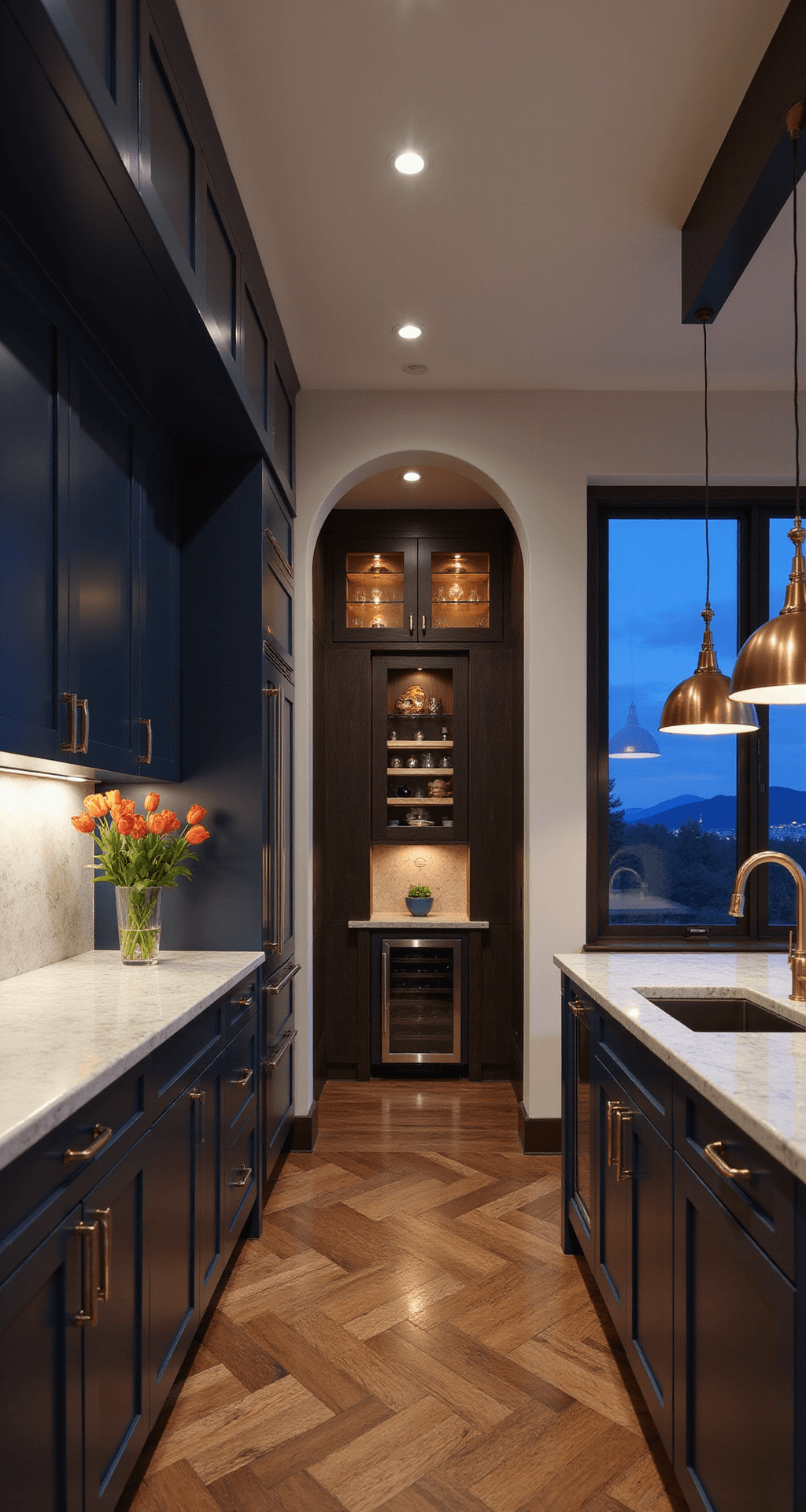 Modular Kitchen Cabinets: Your Ultimate Guide to Flexible, Stylish Storage Elevated view of a luxurious 10x12ft kitchen at dusk featuring high-gloss navy cabinets, warm copper pendant lights, quartzite countertops, and a butler's pantry through an archway, complemented by herringbone wood floors and a softly glowing wine fridge.