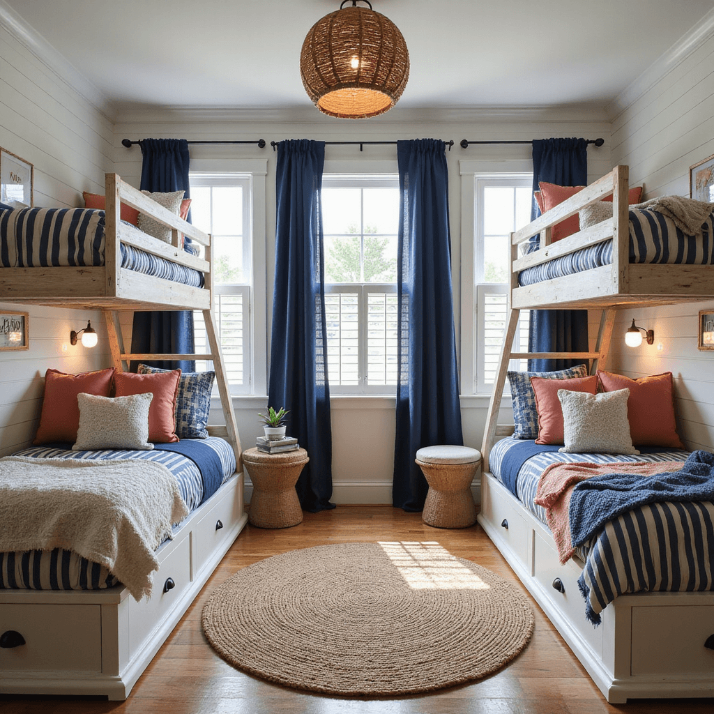 Cozy coastal corner bedroom featuring four built-in shiplap bunks with navy curtains, a jute rug, and warm lighting, showcasing a blend of vintage maritime decor and personalized name plaques.
