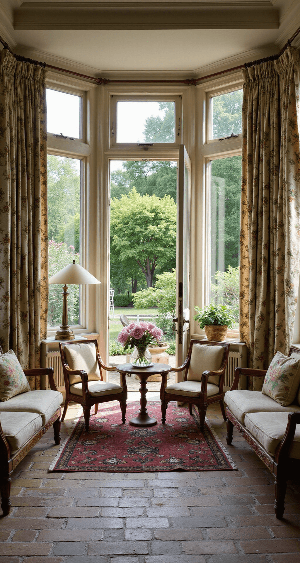 A Victorian-style summer house during afternoon tea, featuring ornate trim, bay windows with botanical print curtains, vintage rattan furniture, mercury glass vases with garden flowers, a weathered brick floor with an antique Persian rug, and a view of a rose garden beyond, illuminated by warm brass table lamps in heritage greens, warm creams, antique brass, and deep rose tones.