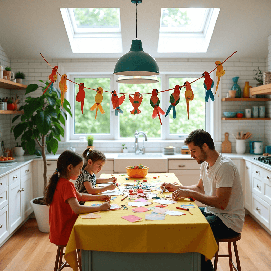Bright, airy kitchen filled with mid-morning light, showcasing a central island covered in yellow oilcloth and scattered with colorful crafting materials. Open shelving displays kitchen accessories in teal and coral, while a clothesline holds half-finished parrot crafts. A large fiddle leaf fig adds greenery in the corner. The scene is captured from a slightly elevated angle, creating a clean, cheerful atmosphere perfect for family activities.