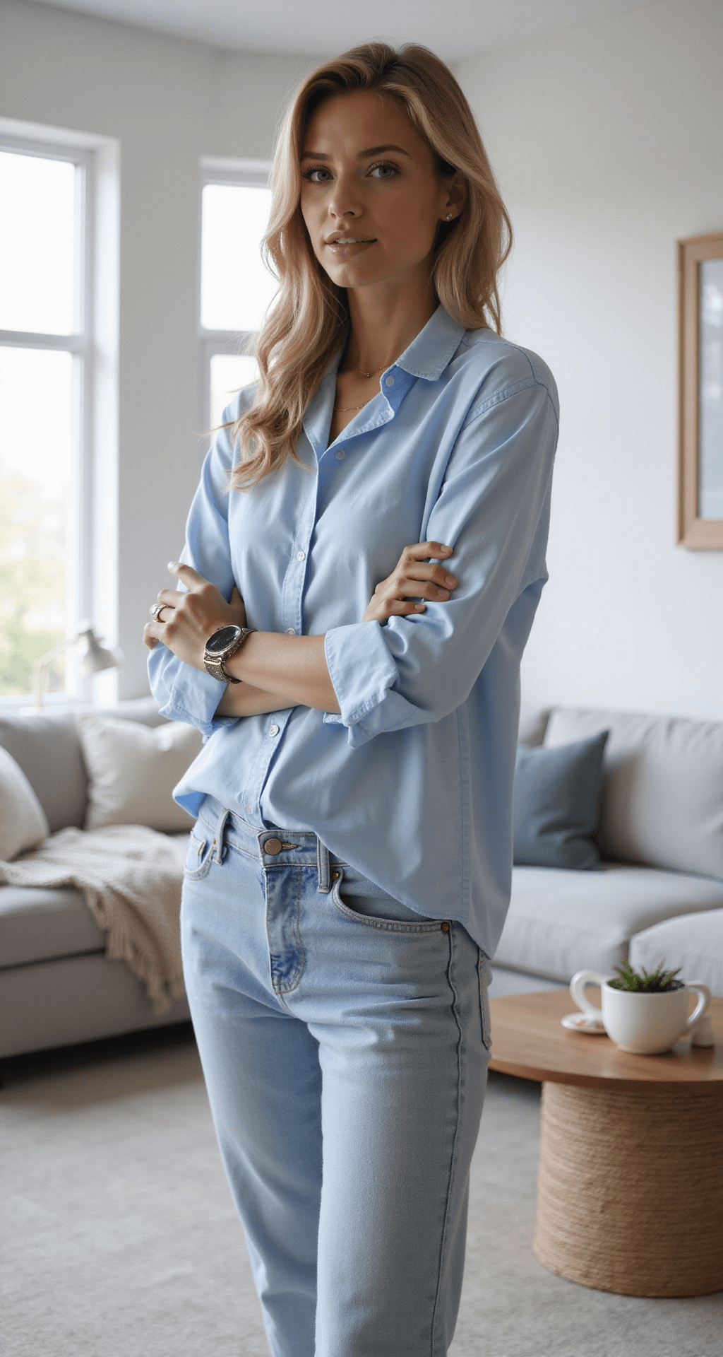Close-up of a model in an oversized pastel blue button-down and light wash straight-leg jeans, front-tucking the shirt while rolling up the sleeves in a contemporary Scandinavian-style living room with natural light and minimal decor.