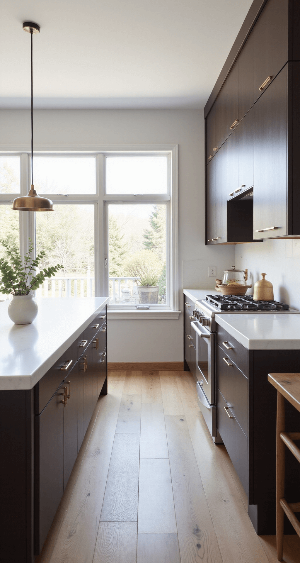 Modern minimalist kitchen featuring floor-to-ceiling windows, espresso brown cabinets, white quartz countertops, brass hardware, and white oak flooring, shot from a low angle with minimal styling.