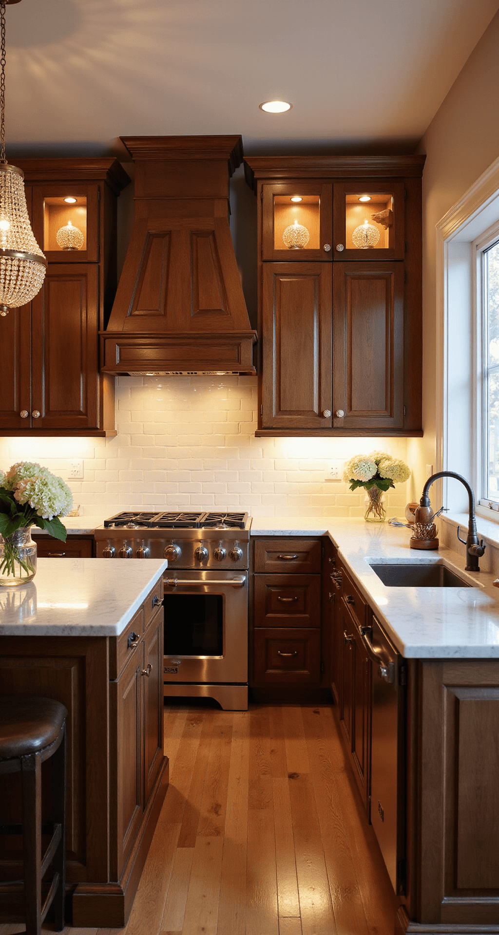 A warm, intimate kitchen featuring rich walnut cabinets, Carrara marble counters, and a crystal chandelier, highlighted by pendant lighting and fresh hydrangeas in mercury glass at golden hour.