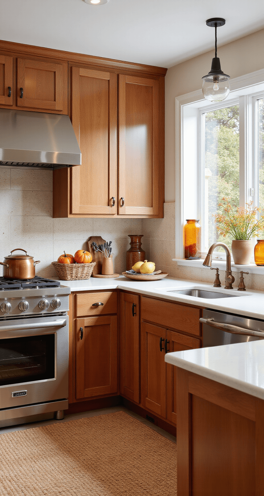 Transitional autumn kitchen featuring medium-brown maple cabinets with copper handles, burnt orange accents, white counters, and a natural stone backsplash, illuminated by morning light. Styled with copper cookware, amber glass vessels, and fall foliage arrangements.