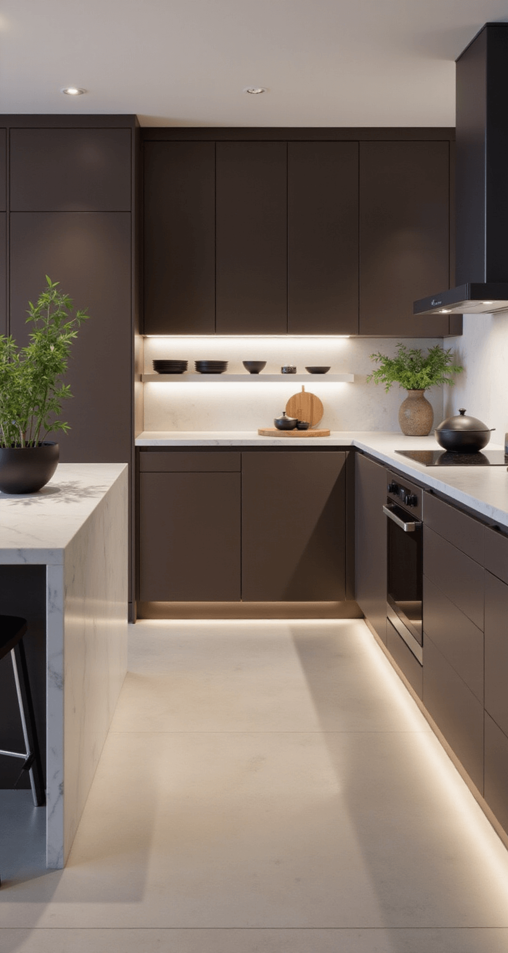 A contemporary Zen kitchen features chocolate brown cabinets, floating white shelves, and a waterfall quartz island, all illuminated by soft twilight and under-cabinet lighting. Minimalist decor includes potted bamboo and black stoneware.