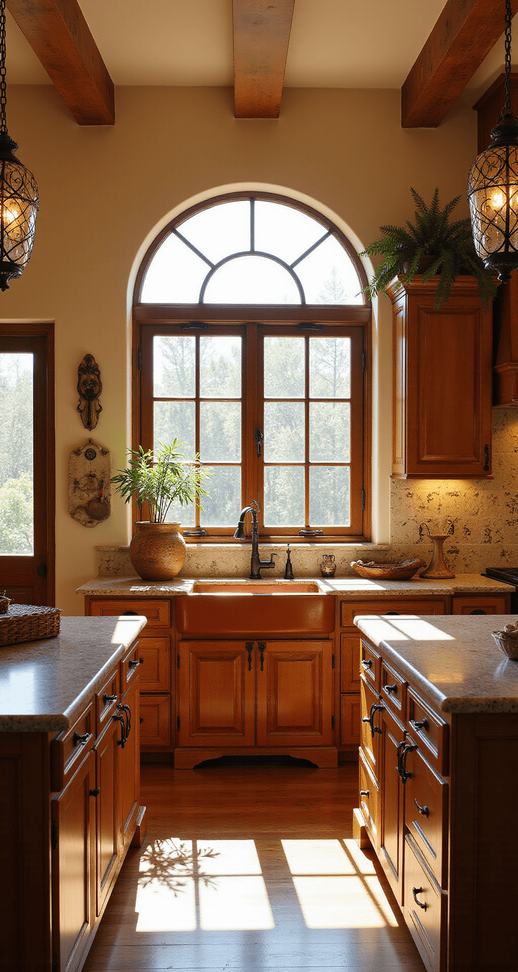 A sun-drenched Mediterranean kitchen with arched windows, featuring rustic alder cabinets, terra cotta counters, and a hand-painted tile backsplash, styled with olive branches, woven baskets, and vintage copper, illuminated by wrought iron pendant lights at golden hour.