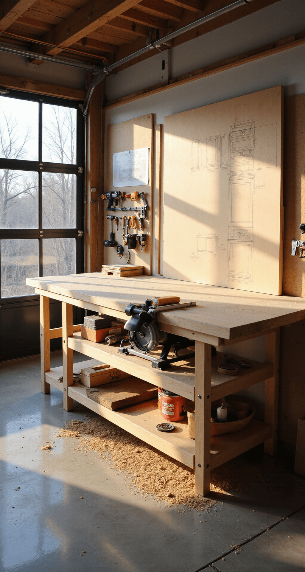 Bright, modern DIY workshop in a spacious two-car garage, featuring a central workbench with tools, organized tool wall, and morning light illuminating fresh plywood sheets and cabinet plans on a cork board, with cool gray concrete floors and warm wood tones.