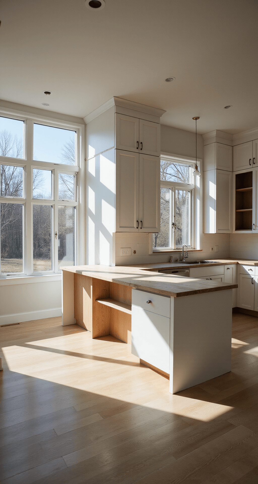 A mid-renovation contemporary kitchen measuring 12'x15', with 9' ceilings, showcasing partially completed modern slab-style cabinets painted in Benjamin Moore 'Simply White'. Late afternoon sunlight casts long shadows through west-facing windows, emphasizing the in-progress center island installation with clamps still attached and visible pocket holes on one cabinet frame. The image is captured from a corner perspective, highlighting the room's depth and dramatic side lighting.